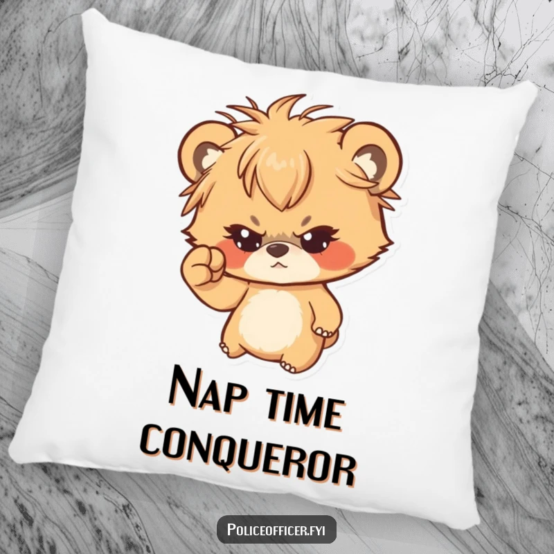 Funny pillow depicting a determined bear cub with messy hair shaking a tiny fist, offering soft comfort and humor.