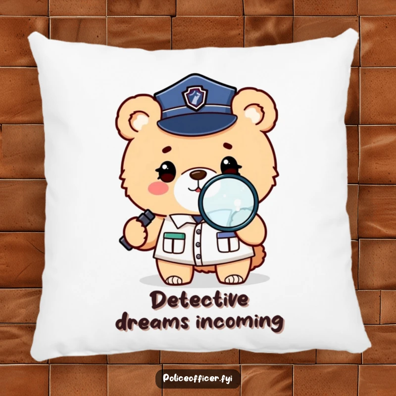 Funny, soft pillow featuring a fluffy bear in a police uniform winking and holding a magnifying glass, looking curious.