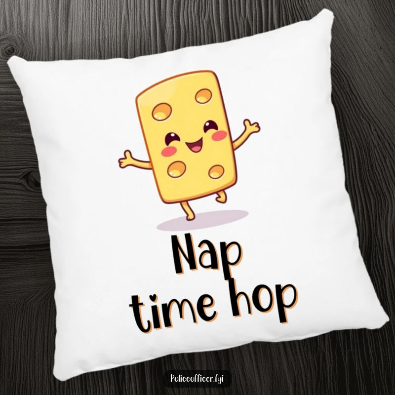 Funny pillow depicts a smiling cheese slice doing a silly hop, offering plush comfort and cheesy humor.
