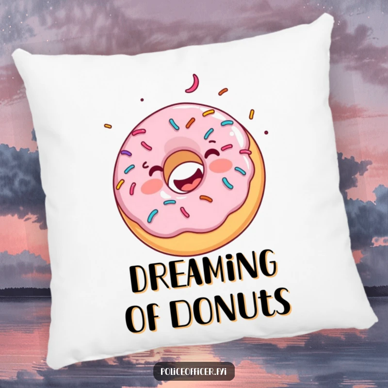 Funny pillow depicts a happy, sprinkle-covered donut spinning with ecstatic joy, offering plush comfort and sweet humor.