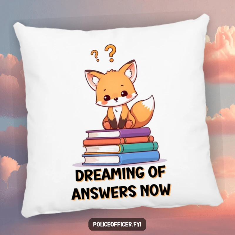Funny pillow with a curious fox cub sitting on a stack of books, a question mark above its head, adding a touch of humor.
