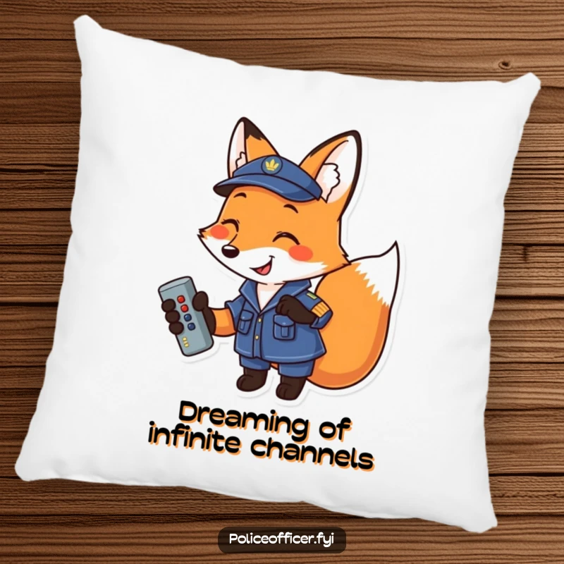Funny Fox Pillow: Smiling uniformed fox holding a remote, a comfortable and humorous accent for any couch or bed.