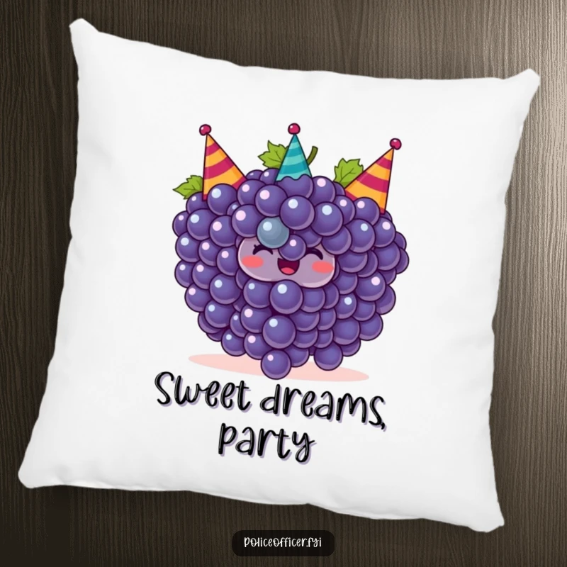Funny grapes pillow featuring a smiling bunch of grapes wearing tiny party hats, providing humorous and festive comfort.