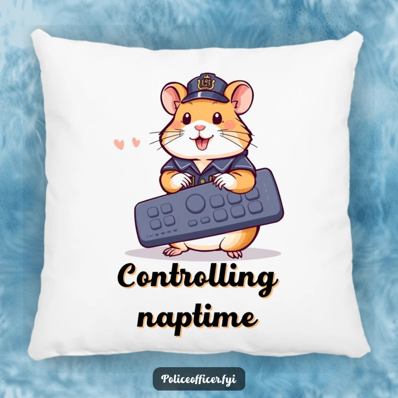 Funny Pillow: Cheerful hamster in police outfit using a giant remote, a soft funny gift.