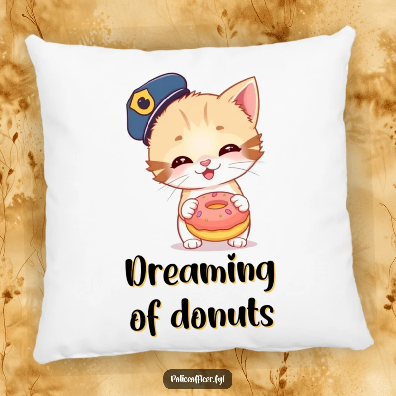 Funny pillow with a giggling kitten in a police cap about to toss a giant donut. Soft, decorative, and humorous.