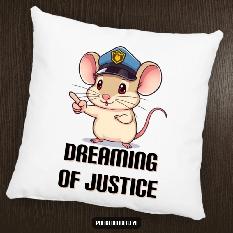 Funny Mouse Pillow depicting a mouse police officer, tiny determined pointing finger, offering humorous comfort, a great funny gift.