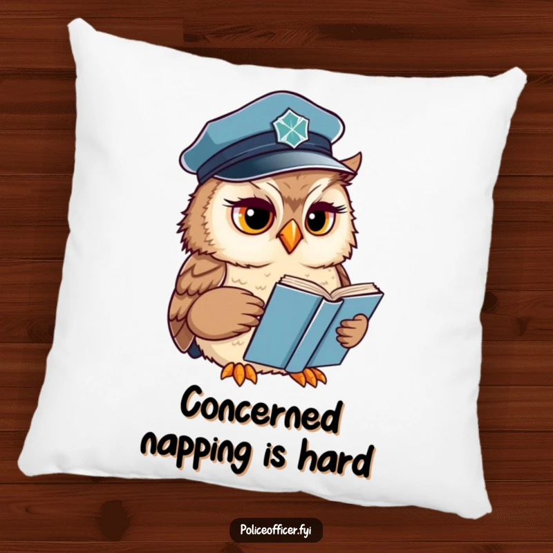 Funny Owl Pillow with a wise officer reading a book and a concerned expression, offering comfort and intellectual humor.