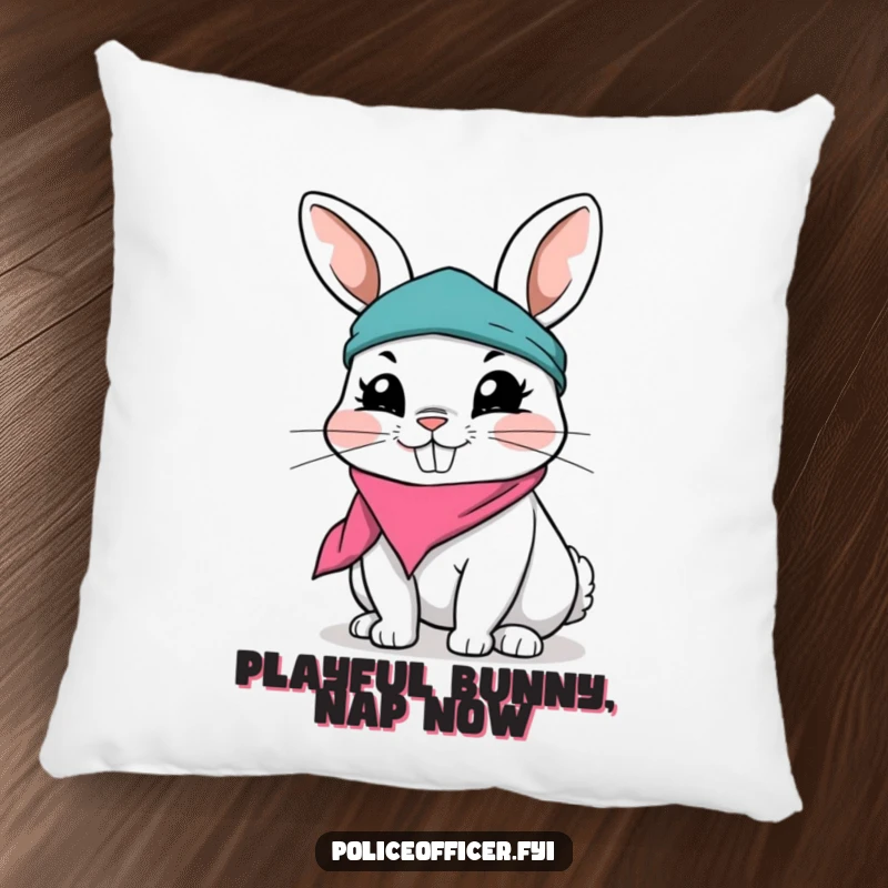 Funny Rabbit Pillow featuring a playful rabbit in a ripped bandana with a mischievous grin, offering comfort and a touch of whimsical charm.