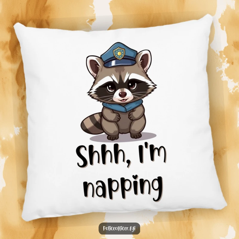 Funny pillow with a sneaky raccoon in a police hat, tiptoeing with a mischievous glint. Soft and decorative humor.
