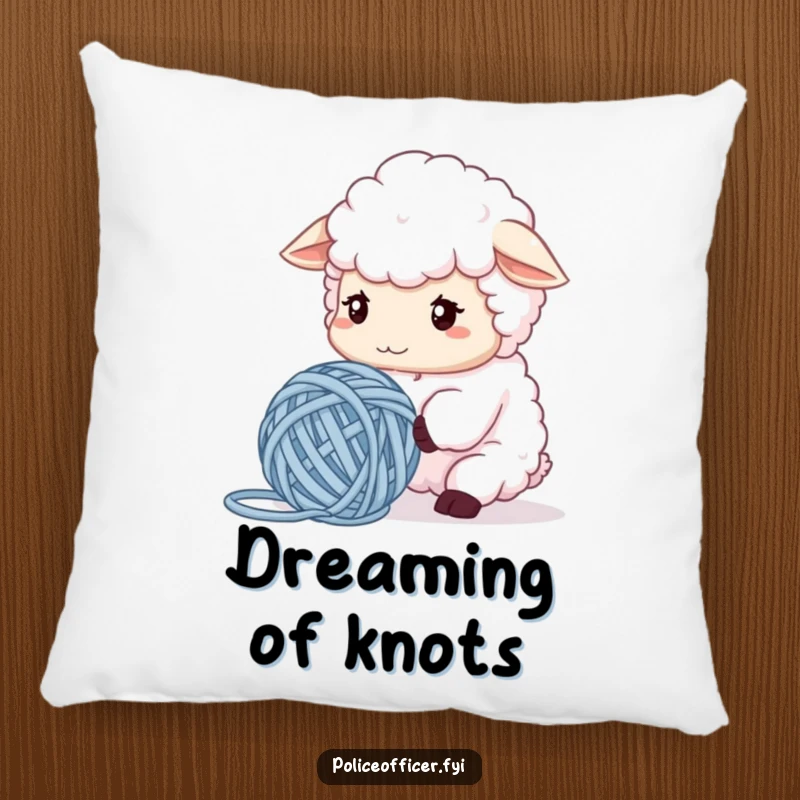 Funny Sheep Pillow with a fluffy sheep contemplating tangled yarn, offering hilarious comfort and relatable crafting humor, perfect for lounging and as a gift.