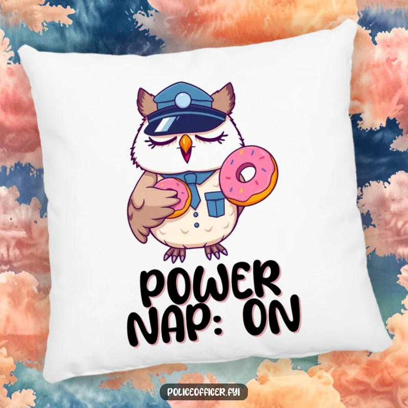 Funny sleepy owl police officer pillow, yawning with a donut, soft and humorous home accent.