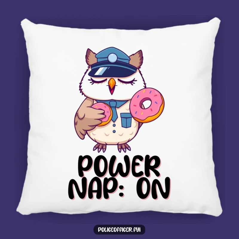 Funny Sleepy Owl Officer Pillow: Yawning Cop Donut Accent