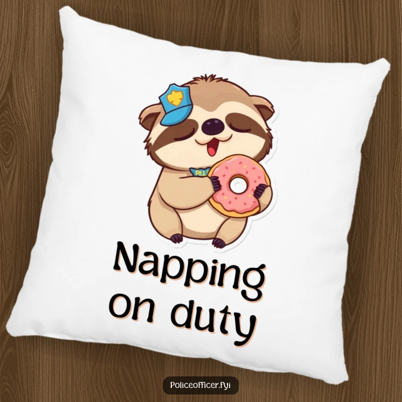 Funny Sloth Police Pillow: Plush pillow featuring a yawning sloth police officer holding a tempting donut.