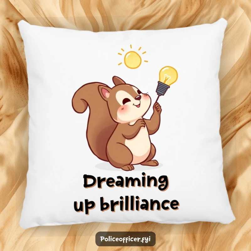 Funny squirrel pillow featuring a cheerful squirrel with a lightbulb overhead, offering comfort and a symbol of bright ideas.