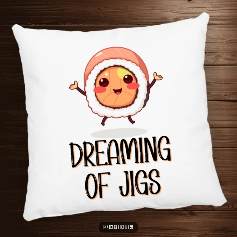 Funny sushi roll pillow showing a smiling sushi with legs doing a happy jig, providing soft comfort and a humorous touch.