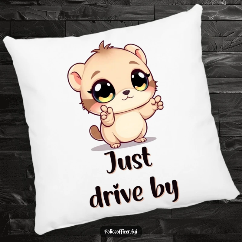 Funny pillow featuring a cute creature with bright eyes directing imaginary traffic with tiny paw gestures, offering comfort and humor.