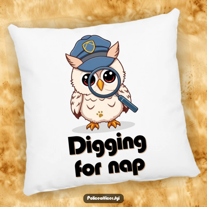 Funny Pillow featuring a wise owl in a police cap, peering through a magnifying glass at a tiny footprint, ready for cozy contemplation.
