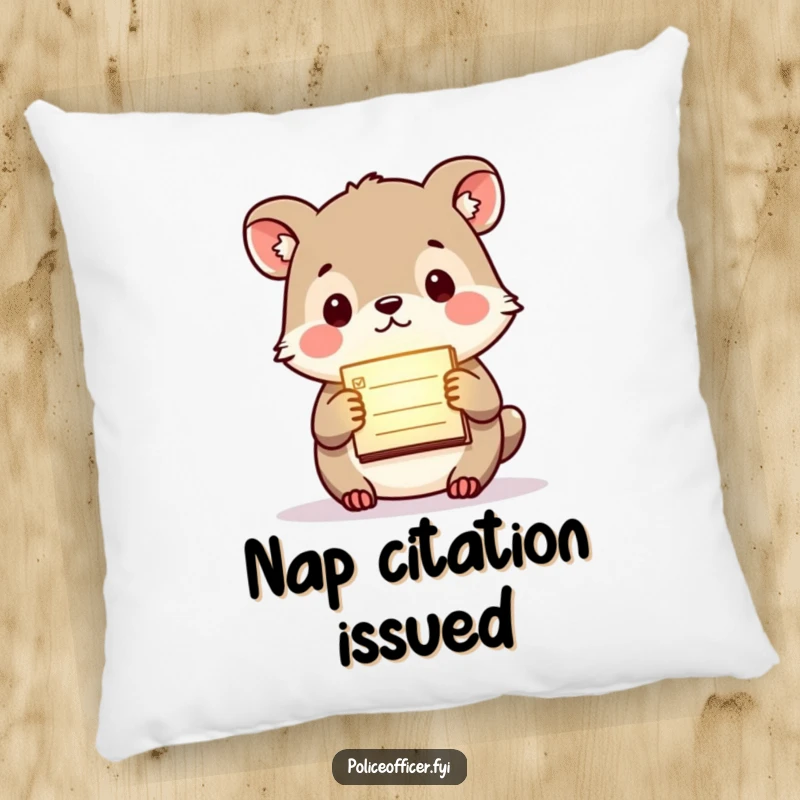 Funny pillow featuring a small, purposeful animal holding a tiny, glowing citation pad, offering comfort and a humorous touch.