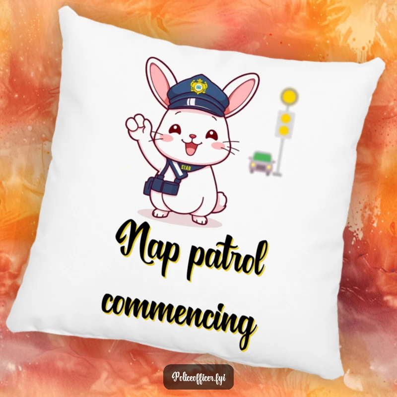 Funny, soft pillow showcasing a cheerful bunny police officer in a small hat, happily directing traffic with a cheerful wave.