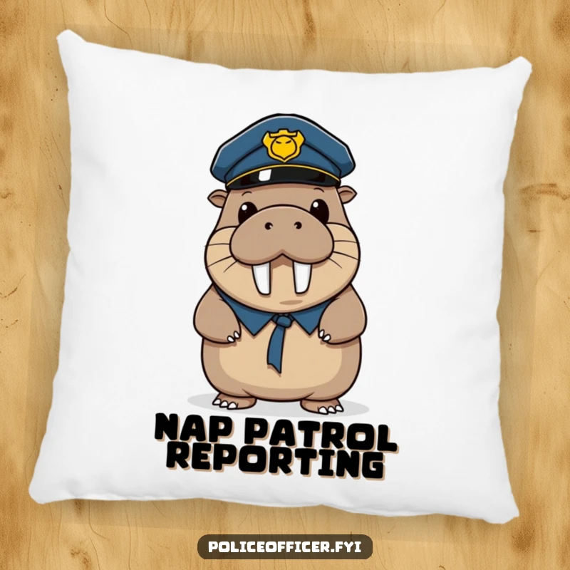 Funny pillow with a plush, wobbly walrus police officer tipping his hat, offering comfort and a humorous smile.