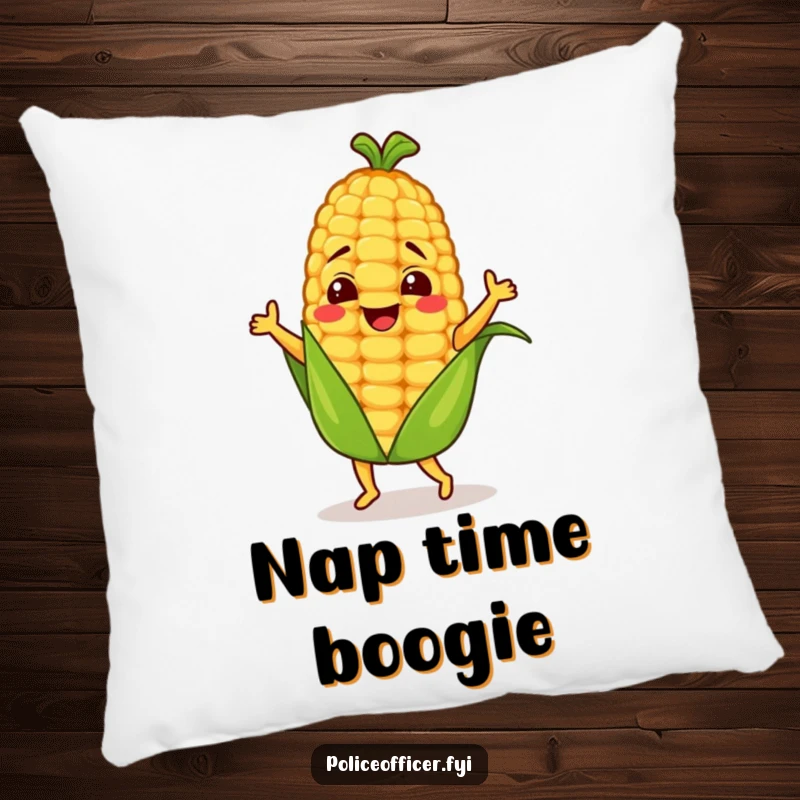 Funny corn cob character dancing playfully on a soft, decorative pillow, adding whimsical charm.