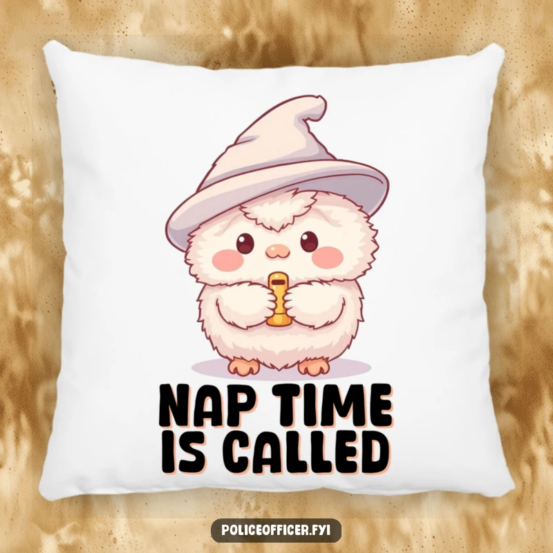Funny pillow featuring a plush fluffy creature ready to blow its tiny whistle, perfect for adding humor to any seating area.