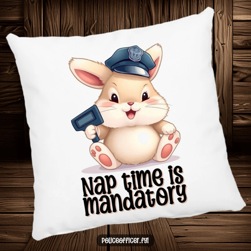 Funny Bunny Cop Pillow adorned with a fluffy bunny in a police hat, happily directing traffic with large paws, offering soft and humorous decor.