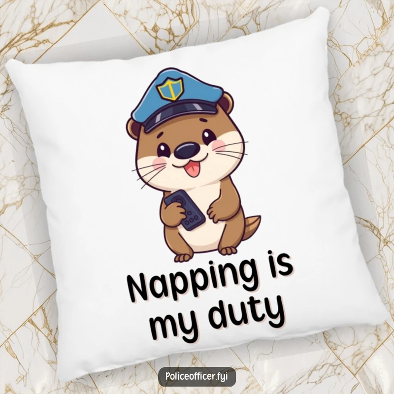 Funny otter cop wearing a hat, holding a remote, looking cheerful on a soft, decorative pillow cushion.
