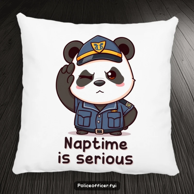 Funny pillow with a determined panda in a police uniform saluting with a wink. Soft, decorative, and humorous.
