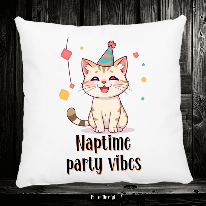 Funny party cat pillow featuring a cat in a hat batting at shapes, offering comfort and festive, playful vibes.