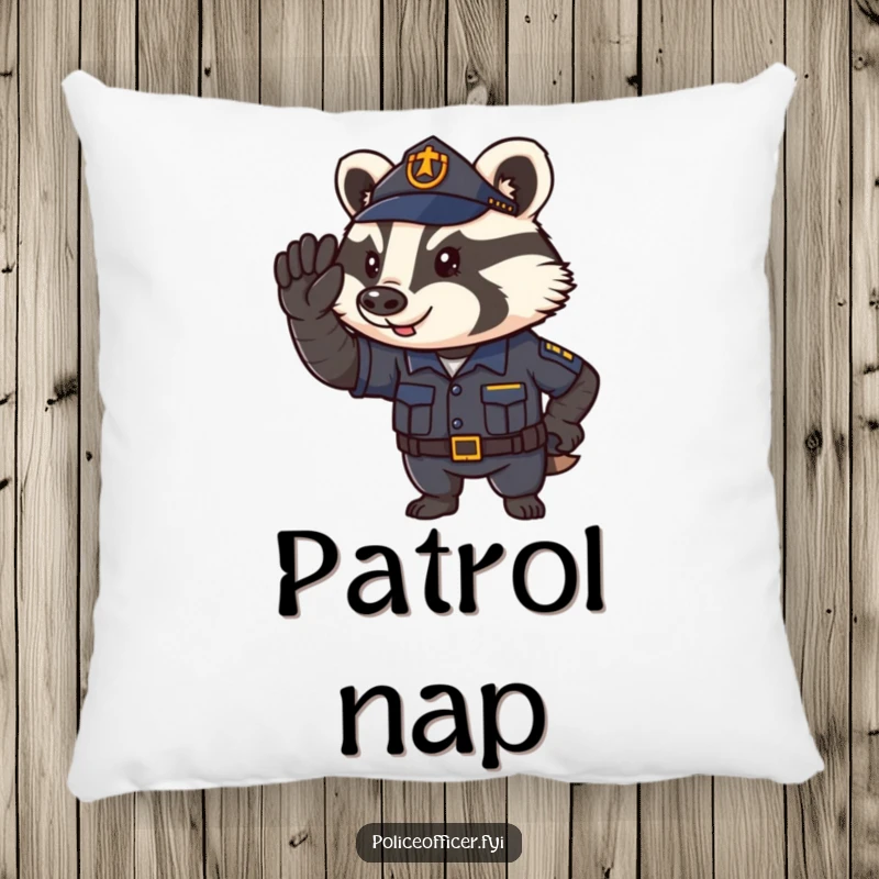 Funny Pillow featuring a determined badger police officer saluting, offering comfort and law enforcement humor.