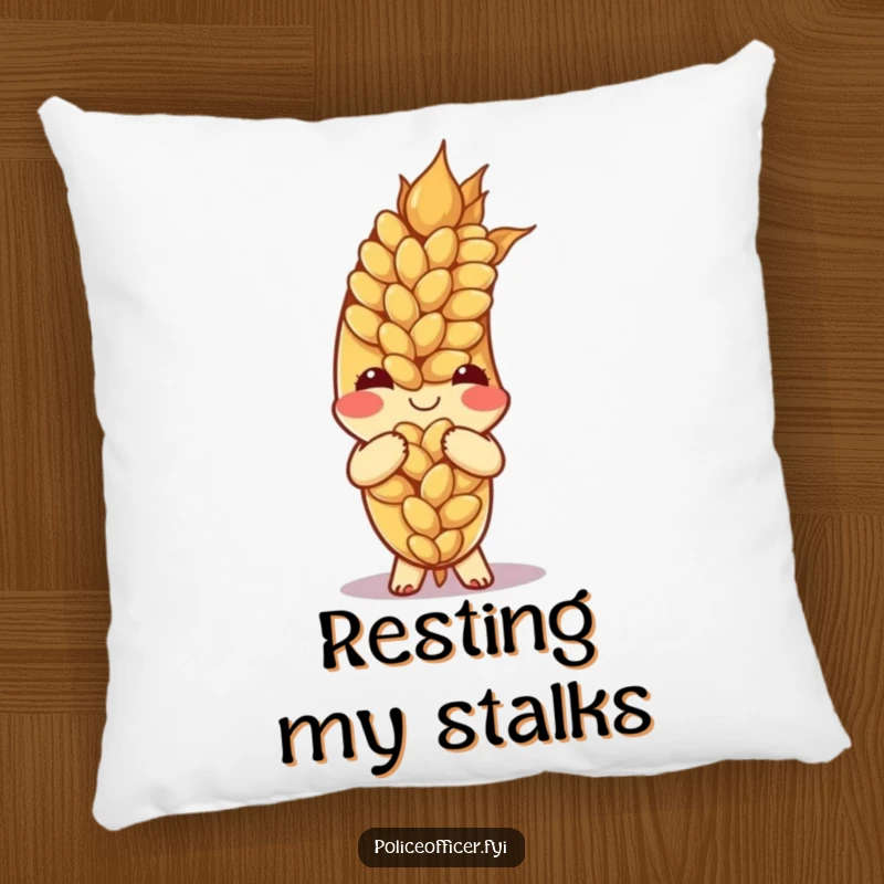 Funny ear of wheat character bowing with a smile on a soft, decorative pillow.