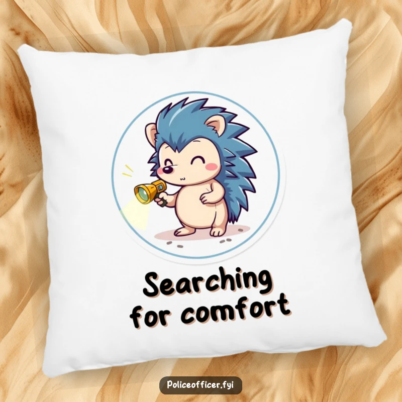 Funny Pillow featuring a brave hedgehog in a small badge, holding a miniature flashlight, scanning the ground, ready for cozy exploration.
