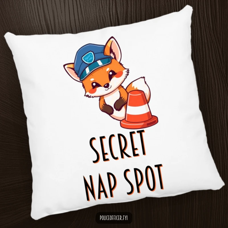 Funny, soft pillow featuring a cute fox police officer peeking out from behind a traffic cone, looking whimsical.