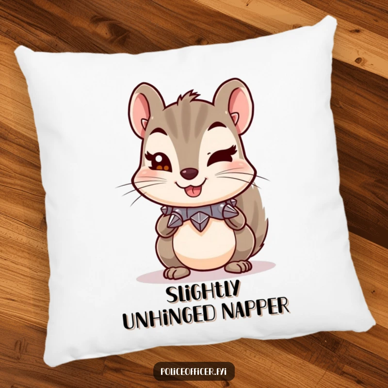 Funny pillow depicting a mischievous squirrel with a tiny spiked collar and a cheeky wink, offering soft comfort and humor.