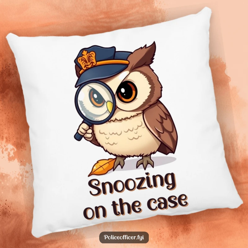 Funny Pillow: A charming owl police officer with a magnifying glass, examining a fallen leaf, offering humorous comfort.