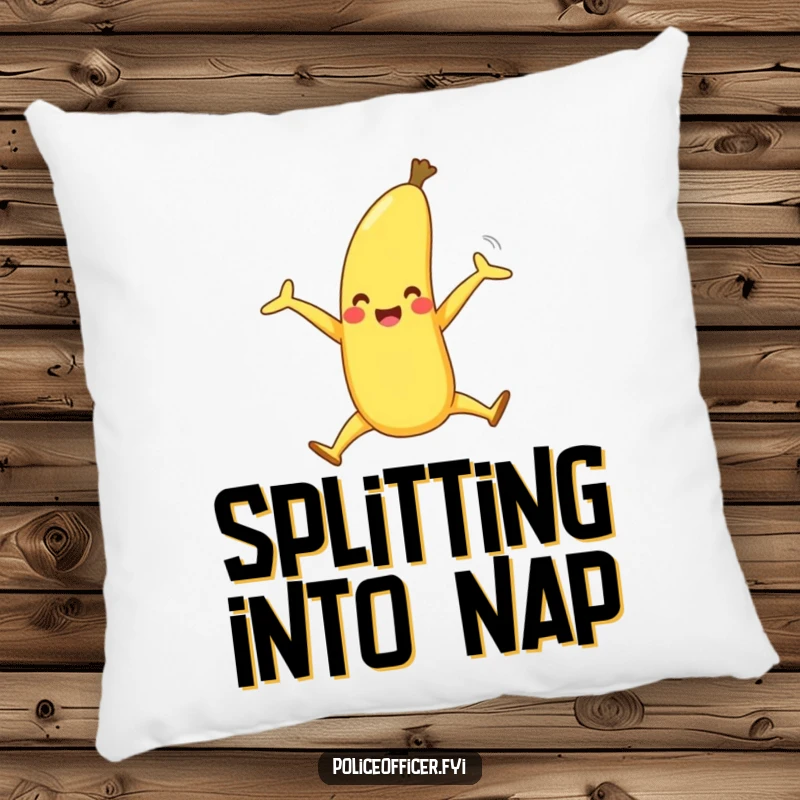Funny pillow depicts a happy banana with legs performing a joyful split, offering plush comfort and sweet, fruity humor.