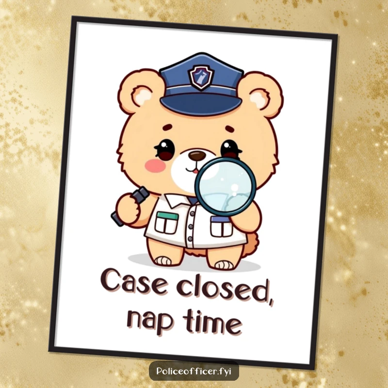 Funny digital art print of a fluffy bear in a police uniform winking and holding a magnifying glass, searching for clues.