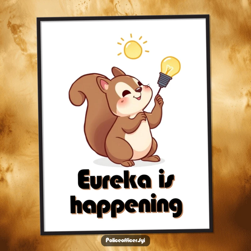 Funny squirrel digital art print of a cheerful squirrel with a glowing lightbulb, representing a bright idea, for wall decor.