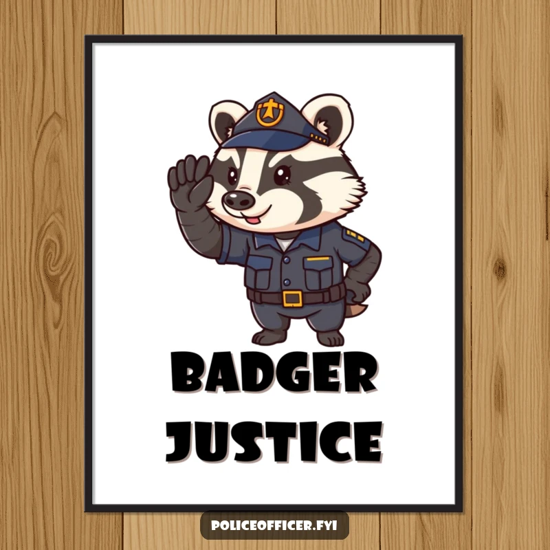 Funny Digital Art Print of a determined badger police officer saluting, symbolizing duty and humorous authority.