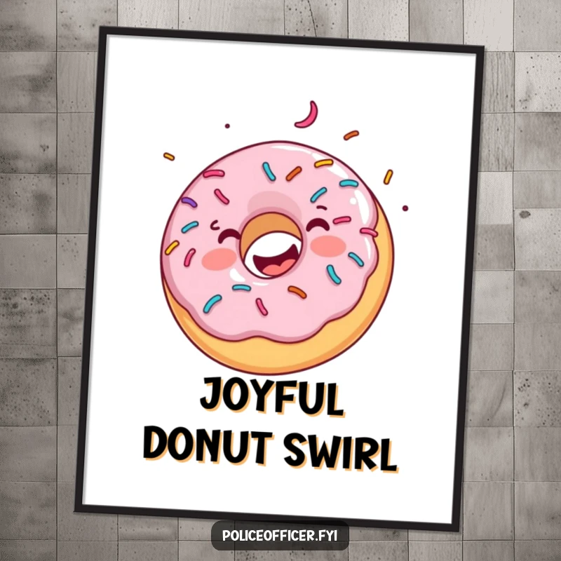 Funny digital art print of a happy donut with colorful sprinkles spinning ecstatically, a vibrant and joyful piece for wall decoration.
