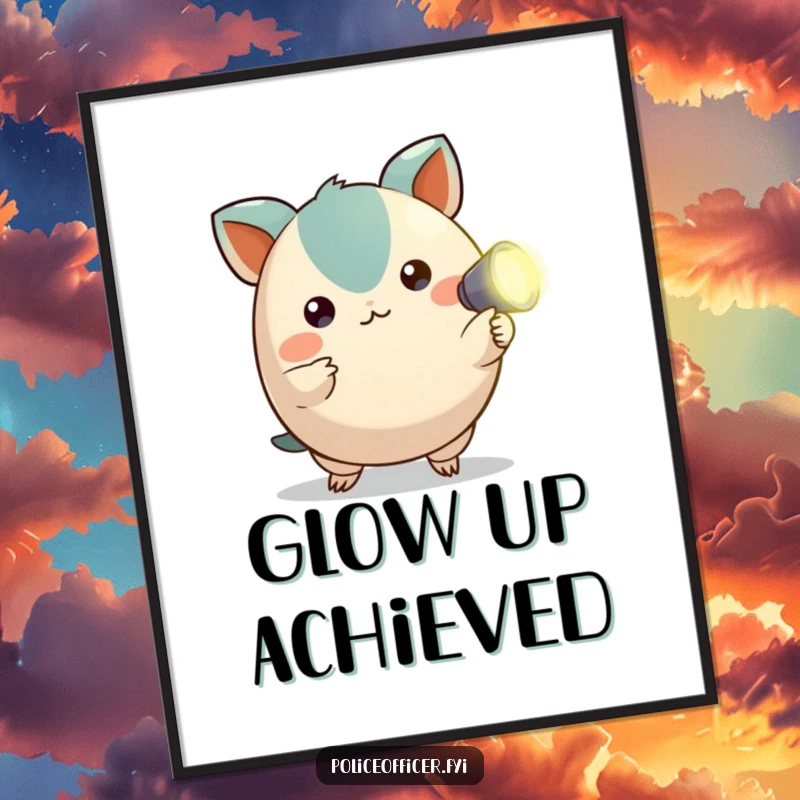 Funny digital art print of a small creature with alert ears pointing a tiny flashlight, ideal for humorous wall decor.