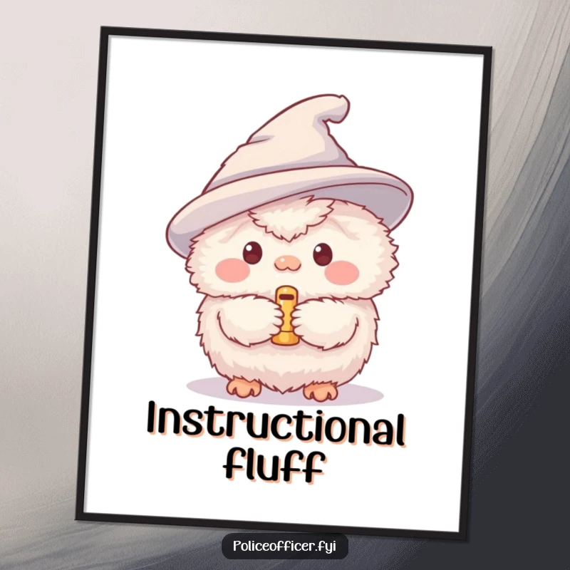 Funny digital art print of a fluffy creature in a hat, holding and blowing a tiny whistle, ideal for humorous wall decor.