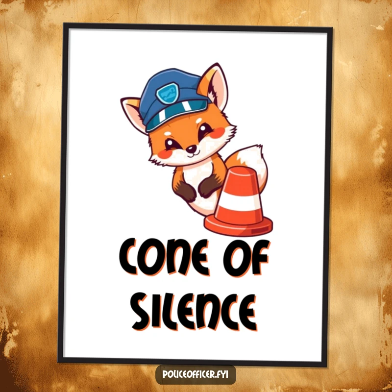 Funny digital art print of a cute fox police officer peeking out from behind a traffic cone, looking mischievous.