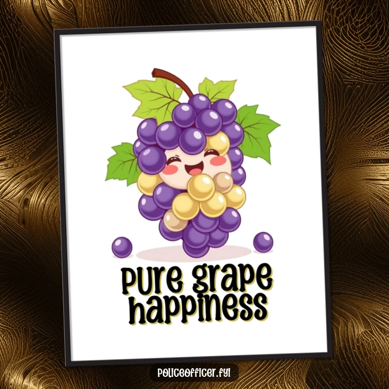 Funny Digital Art Print: A smiling bunch of grapes joyfully bouncing, hilariously conveying infectious energy and fruity fun digitally.