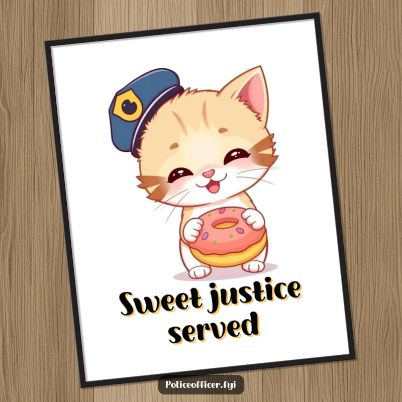 Funny digital art print of a kitten in a police cap giggling while holding an oversized donut. Instant wall decor.