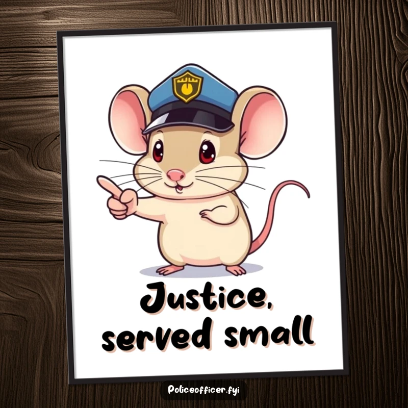 Funny Mouse Digital Art Print of a mouse police officer, tiny determined pointing finger, conveying humorous authority, a downloadable funny gift.