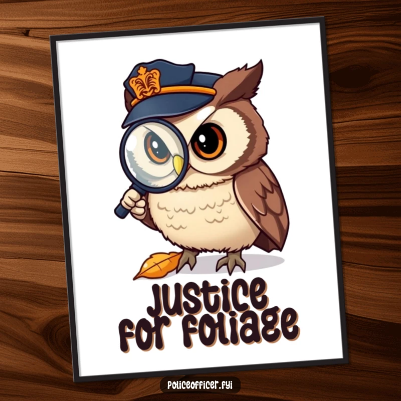 Funny Digital Art: Little owl police officer with a magnifying glass, scrutinizing a fallen leaf, a humorous wall decoration.