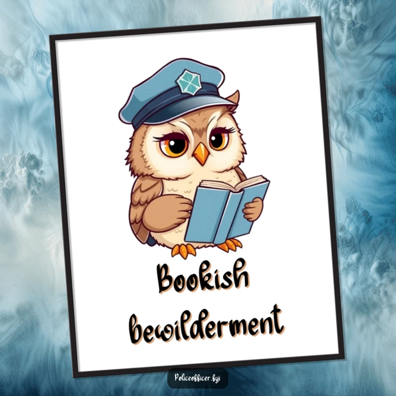 Funny Owl Digital Art Print of a wise officer reading a book with a concerned expression, ideal for humorous decor.