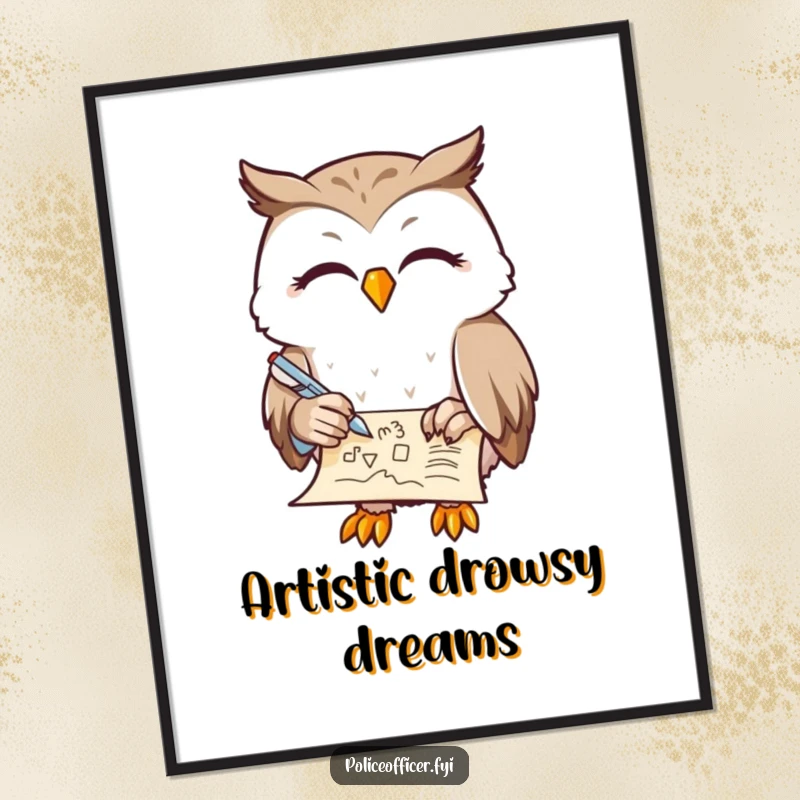 Funny Owl Digital Art Print of a contented owl with half-closed eyes, doodling on a scroll with a feather pen, conveying humorous creativity, a downloadable funny gift.